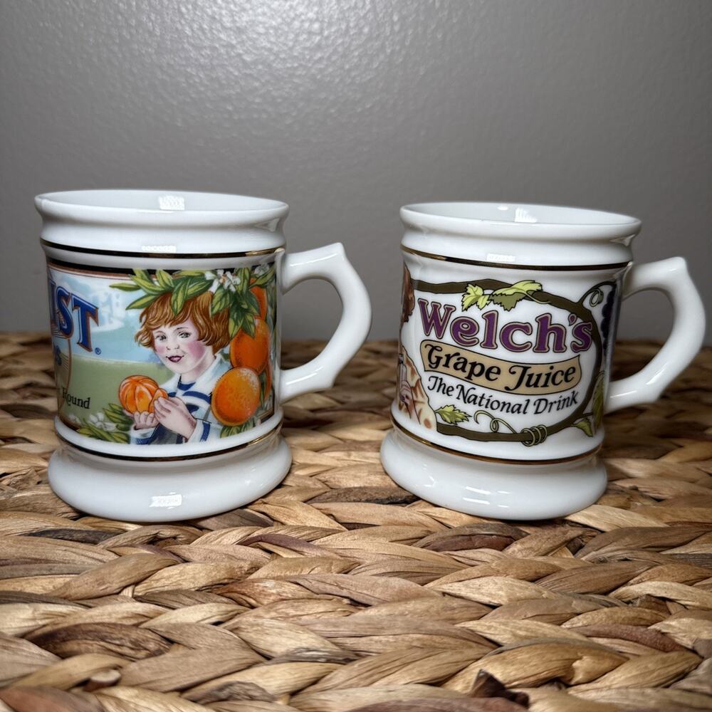 Vtg 1985 Franklin Corner Store, Porcelain Mug Collection Sunkist Welches Pair